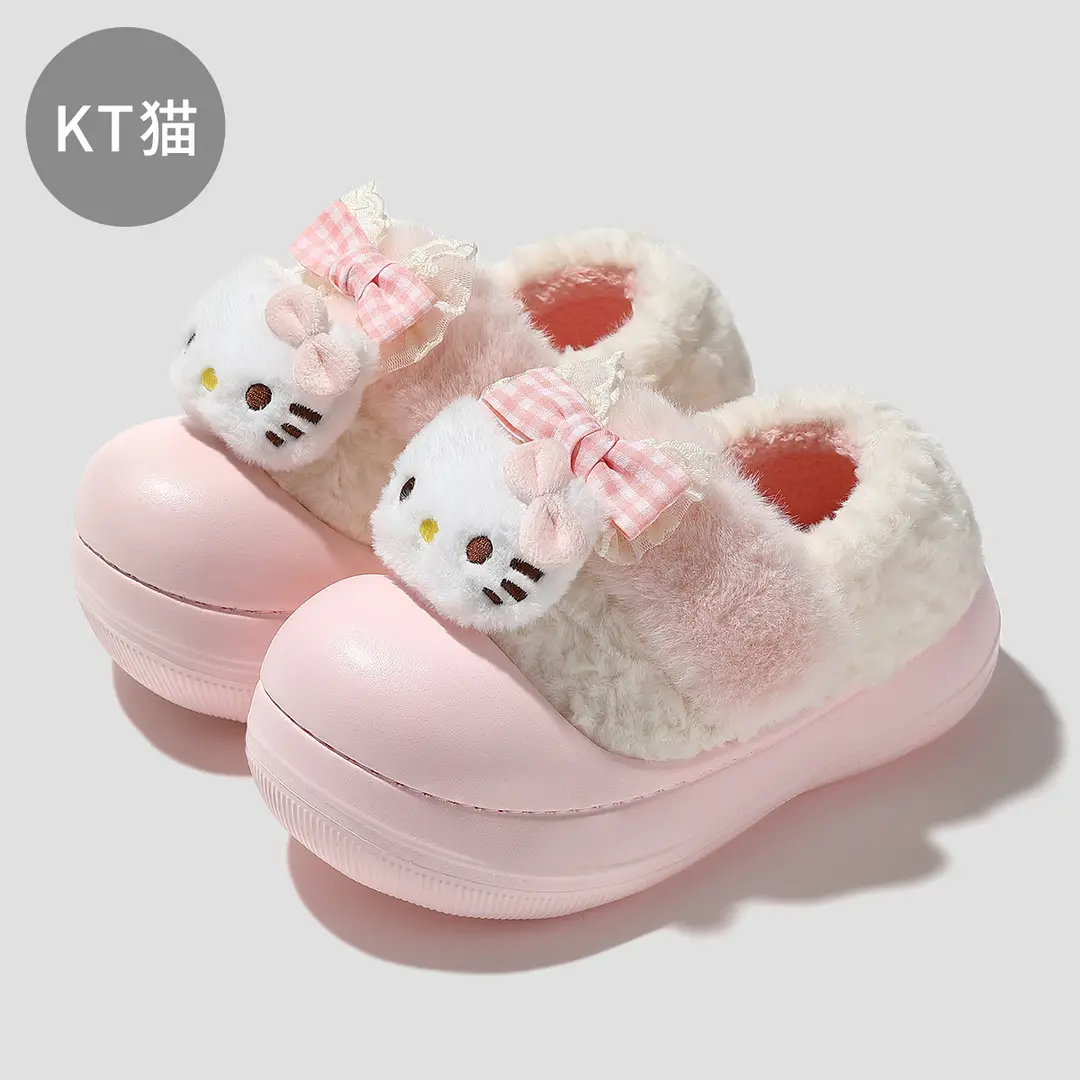 Sanrio Cotton Slippers for Women in Winter Cute Cartoon Thick-Soled Non-Slip Outer Wear Plush Warm Bag Heel Fur Slippers for Women