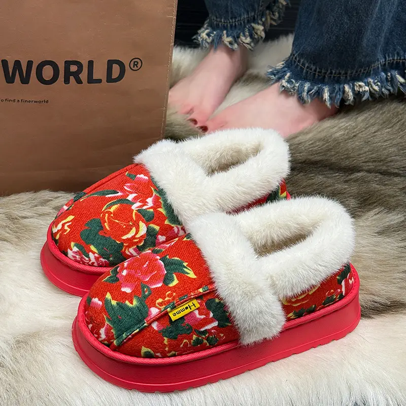 Northeastern Large Floral Cotton Slippers for Women, Winter Home and Outdoor Wear, Soft Thick-Soled Cotton Slippers, Non-Slip, Warm, Couple's Red Cotton Shoes - Image 3