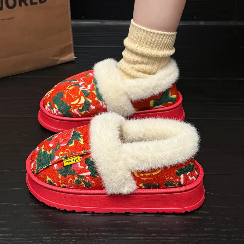 Northeastern Large Floral Cotton Slippers for Women, Winter Home and Outdoor Wear, Soft Thick-Soled Cotton Slippers, Non-Slip, Warm, Couple's Red Cotton Shoes - Image 5