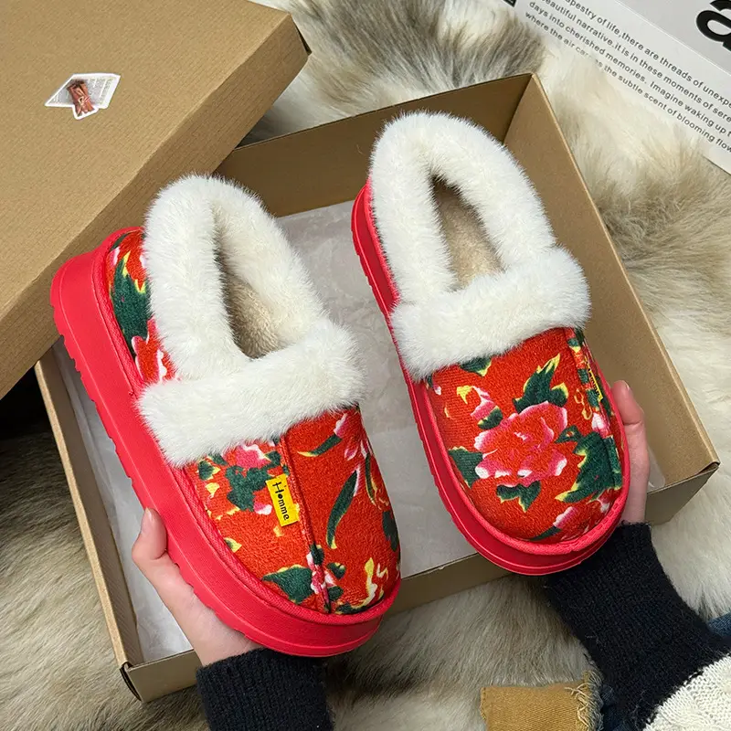 Northeastern Large Floral Cotton Slippers for Women, Winter Home and Outdoor Wear, Soft Thick-Soled Cotton Slippers, Non-Slip, Warm, Couple's Red Cotton Shoes - Image 6