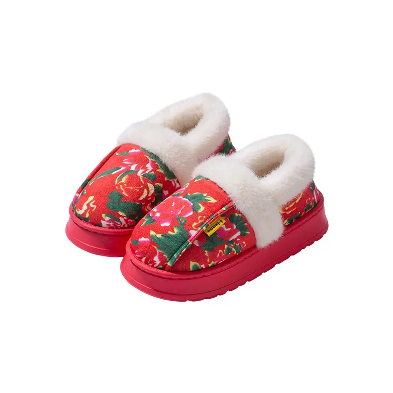 Northeastern Large Floral Cotton Slippers for Women, Winter Home and Outdoor Wear, Soft Thick-Soled Cotton Slippers, Non-Slip, Warm, Couple's Red Cotton Shoes - Image 7