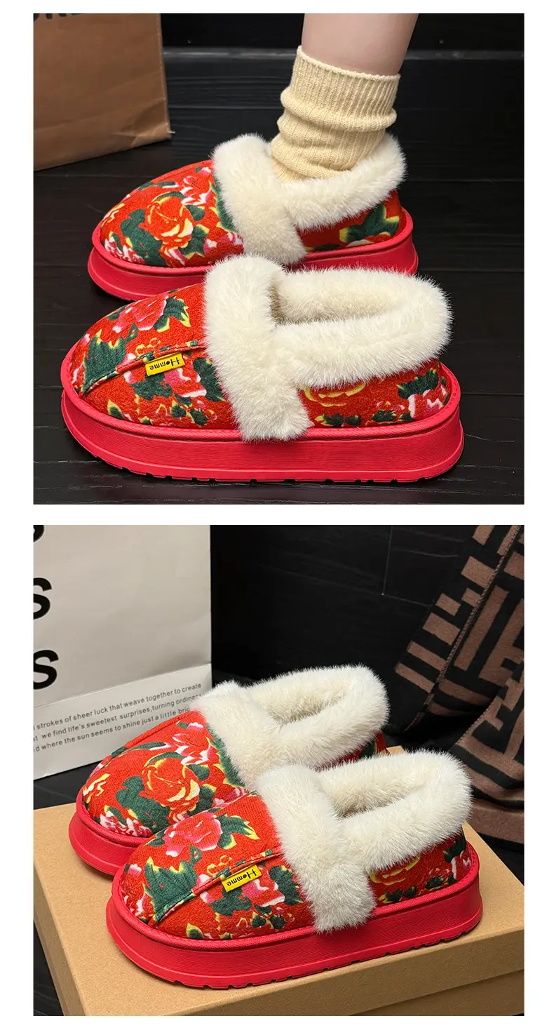 Northeastern Large Floral Cotton Slippers for Women, Winter Home and Outdoor Wear, Soft Thick-Soled Cotton Slippers, Non-Slip, Warm, Couple's Red Cotton Shoes — feature 10