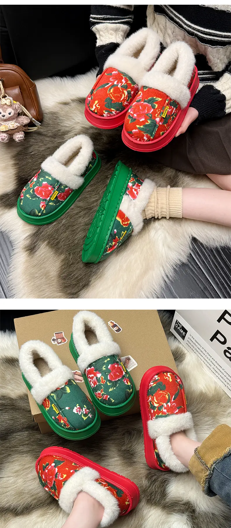 Northeastern Large Floral Cotton Slippers for Women, Winter Home and Outdoor Wear, Soft Thick-Soled Cotton Slippers, Non-Slip, Warm, Couple's Red Cotton Shoes — feature 11