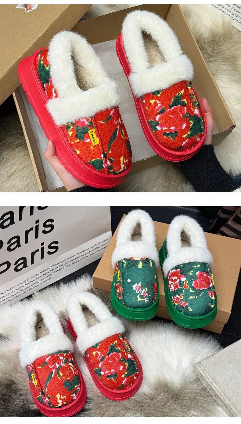 Northeastern Large Floral Cotton Slippers for Women, Winter Home and Outdoor Wear, Soft Thick-Soled Cotton Slippers, Non-Slip, Warm, Couple's Red Cotton Shoes — feature 9