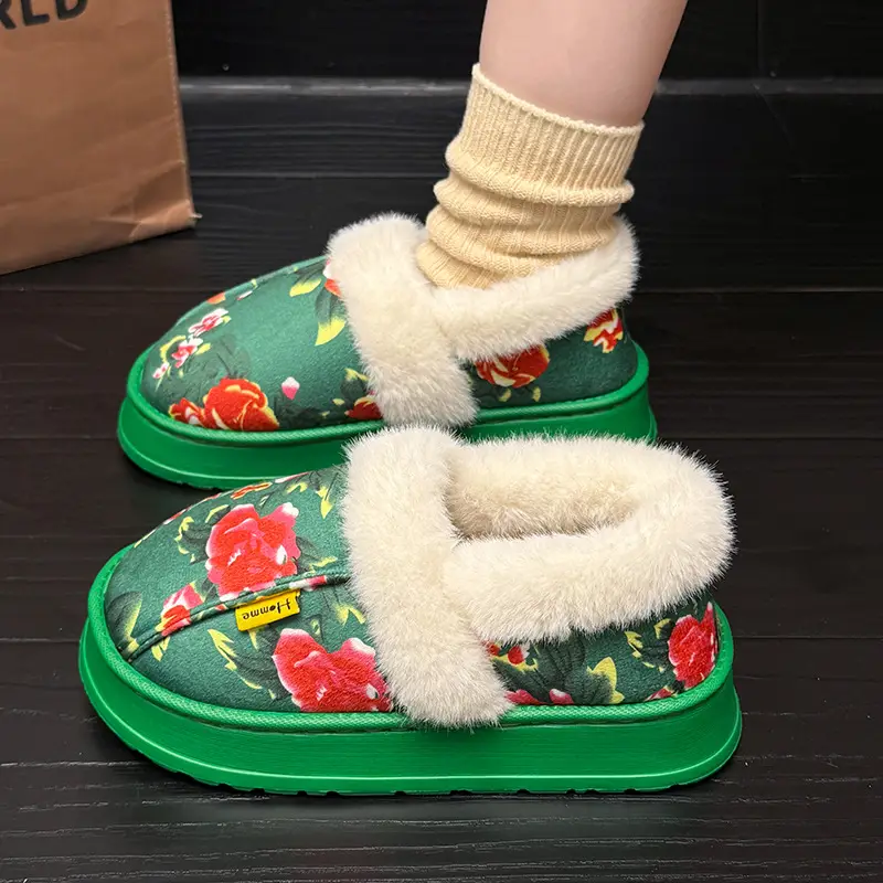 Northeastern Large Floral Cotton Slippers for Women, Winter Home and Outdoor Wear, Soft Thick-Soled Cotton Slippers, Non-Slip, Warm, Couple's Red Cotton Shoes - Image 2