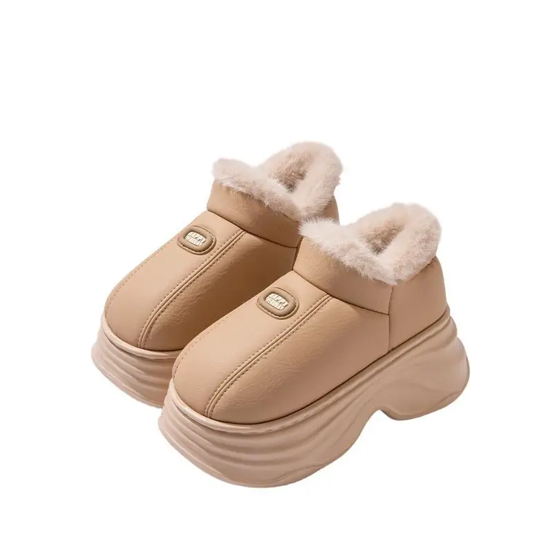 Women's Warm Fleece Slippers Beige Thick Heel Winter - Image 8