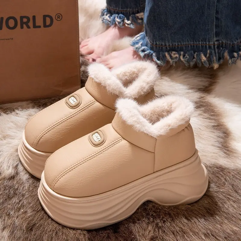 Women's Warm Fleece Slippers Beige Thick Heel Winter - Image 2