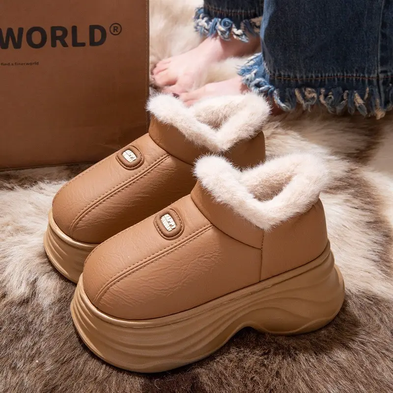 Women's Warm Fleece Slippers Beige Thick Heel Winter - Image 3