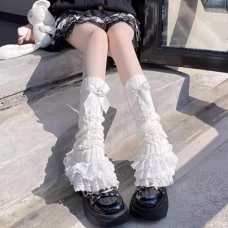 Lolita Lace Trim Calf Socks for Women, Japanese Style Cute Bowknot White Slouch Socks, Jk Slimming Leg Warmers