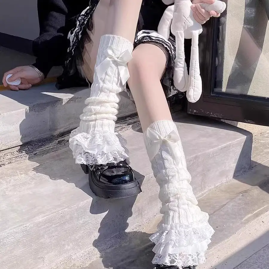 Lolita Lace Trim Calf Socks for Women, Japanese Style Cute Bowknot White Slouch Socks, Jk Slimming Leg Warmers