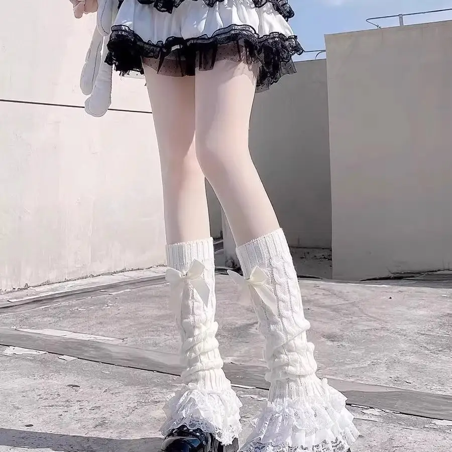 Lolita Lace Trim Calf Socks for Women, Japanese Style Cute Bowknot White Slouch Socks, Jk Slimming Leg Warmers