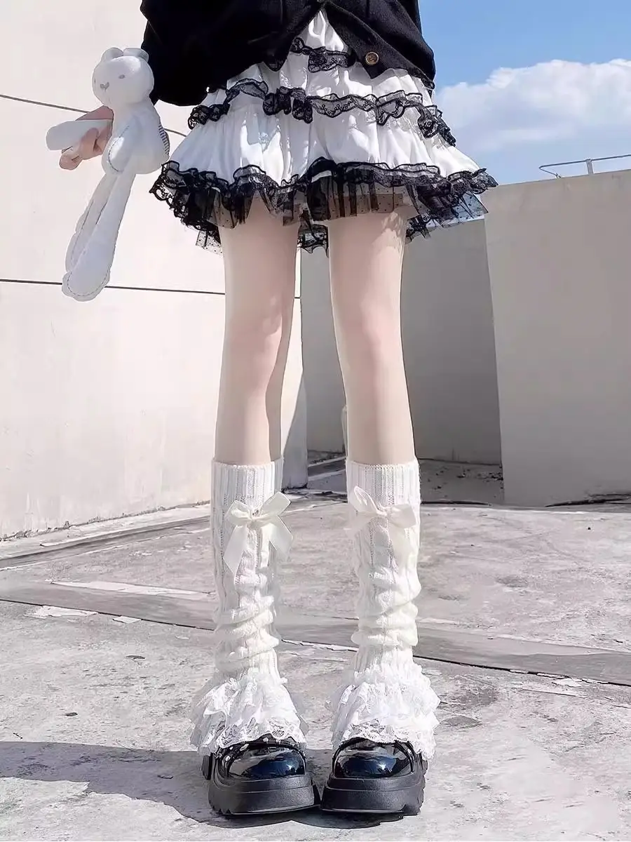 Lolita Lace Trim Calf Socks for Women, Japanese Style Cute Bowknot White Slouch Socks, Jk Slimming Leg Warmers — feature 1