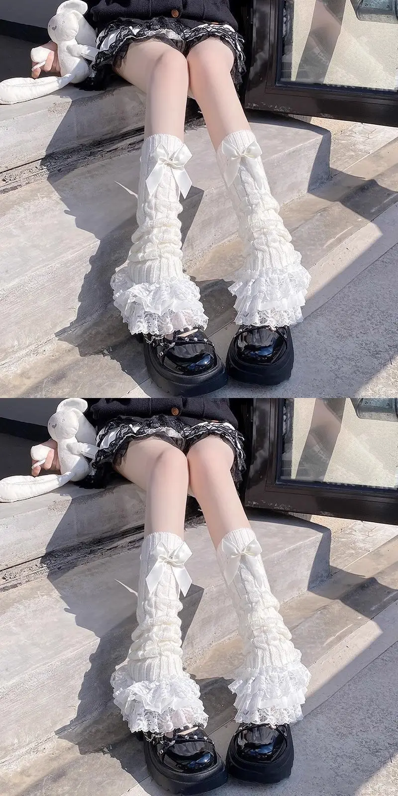 Lolita Lace Trim Calf Socks for Women, Japanese Style Cute Bowknot White Slouch Socks, Jk Slimming Leg Warmers — feature 7