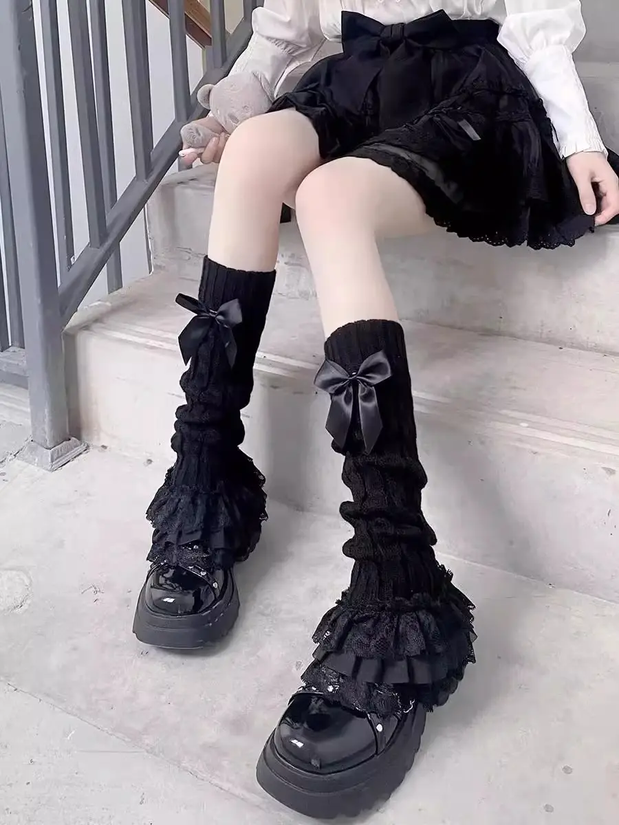 Lolita Lace Trim Calf Socks for Women, Japanese Style Cute Bowknot White Slouch Socks, Jk Slimming Leg Warmers