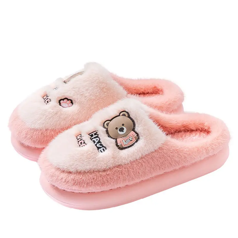 Women Winter Fleece Lined Slippers Pink Brown Bear Embroidered - Image 18
