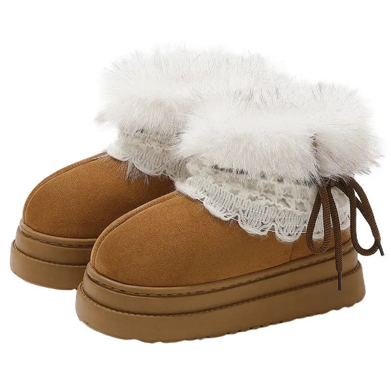 Snow Boots, Warm and Plush, Thick-Soled, Closed-Back Cotton Slippers for Women, Lace-Trimmed, Sweet and Height-Enhancing, Wholesale Cotton Slippers for Women - Image 9