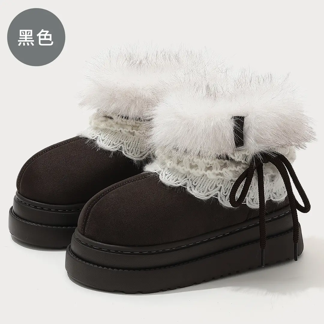 Snow Boots, Warm and Plush, Thick-Soled, Closed-Back Cotton Slippers for Women, Lace-Trimmed, Sweet and Height-Enhancing, Wholesale Cotton Slippers for Women - Image 3