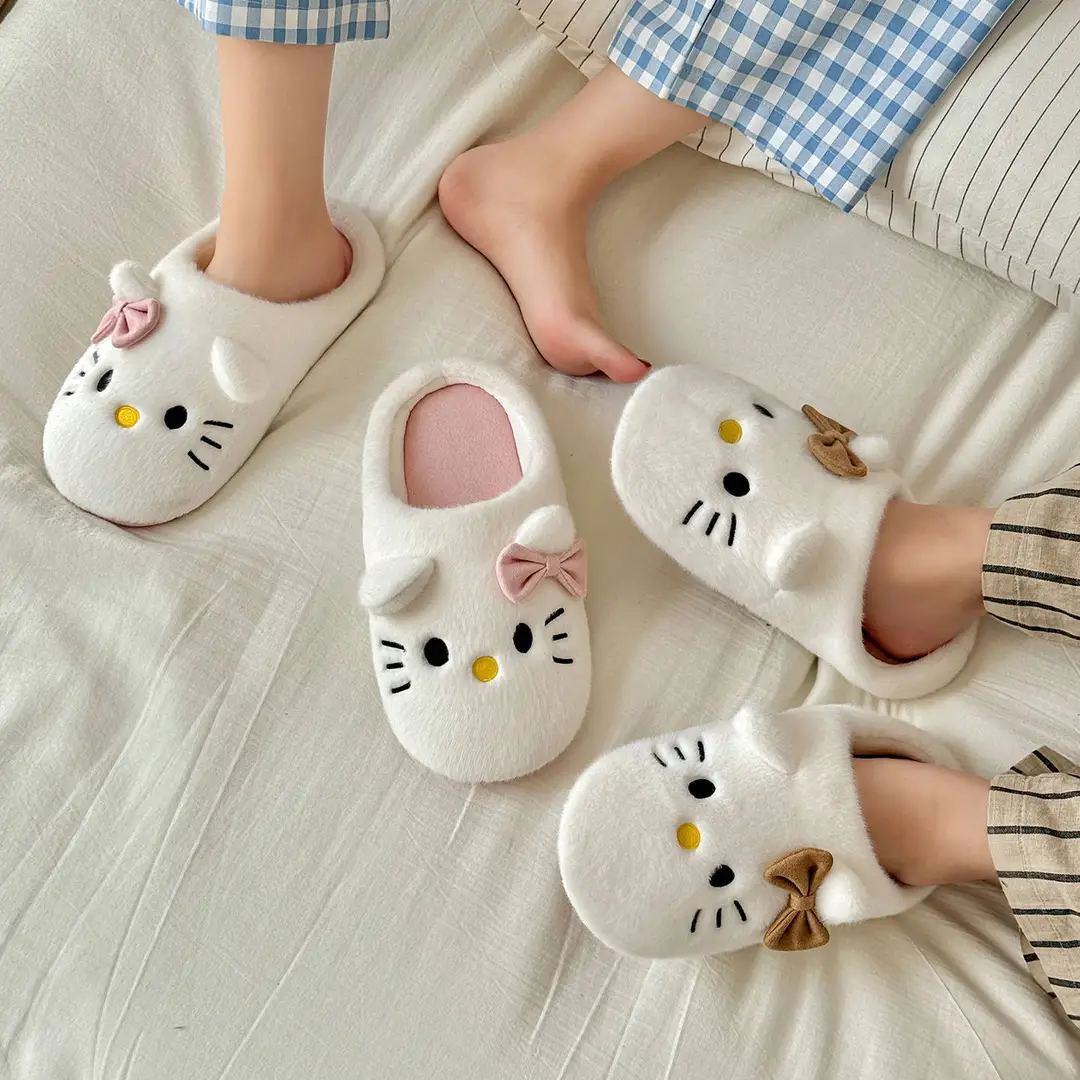 Kt Cat Japanese Style Silent Cotton Slippers Women's Winter Home Indoor Non-Slip Anti-Odor Plush Warm Floor Fur Slippers