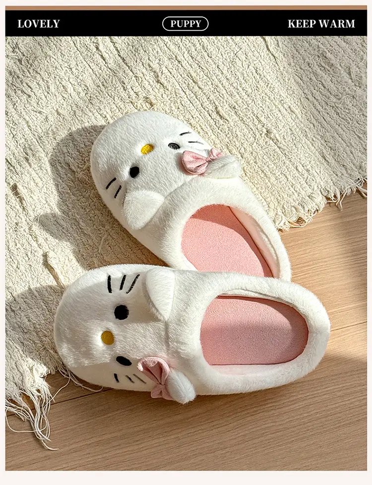 Kt Cat Japanese Style Silent Cotton Slippers Women's Winter Home Indoor Non-Slip Anti-Odor Plush Warm Floor Fur Slippers — feature 1