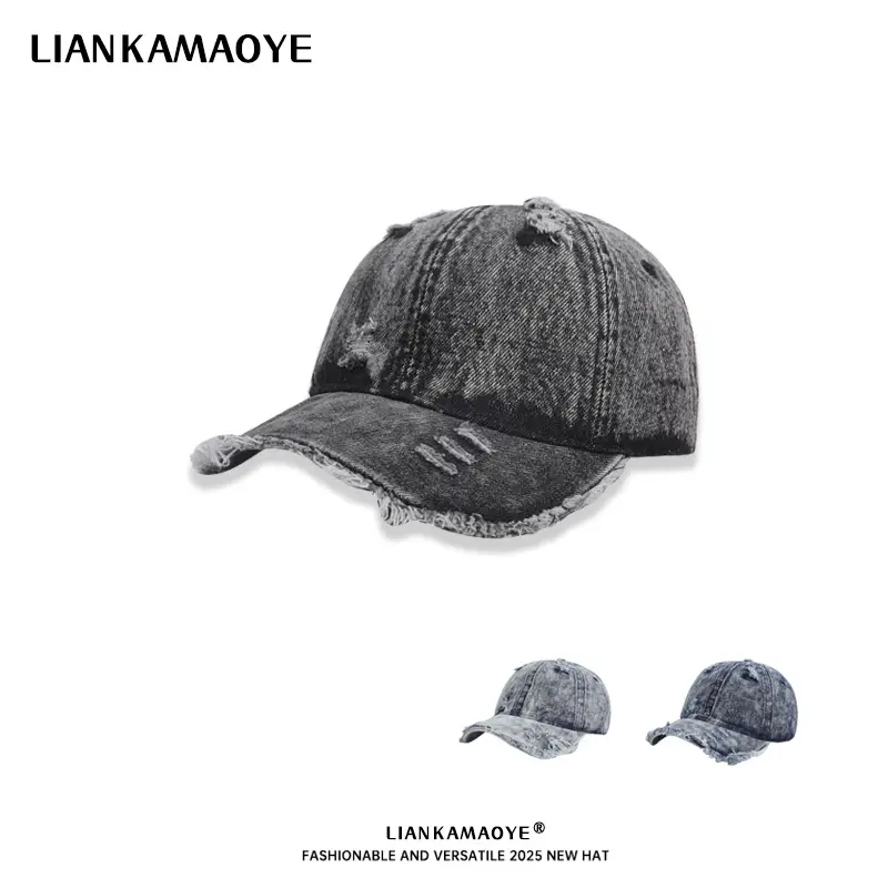 New Washed Denim Baseball Cap with Personality, Large Brim, Face-Slimming Duckbill Cap