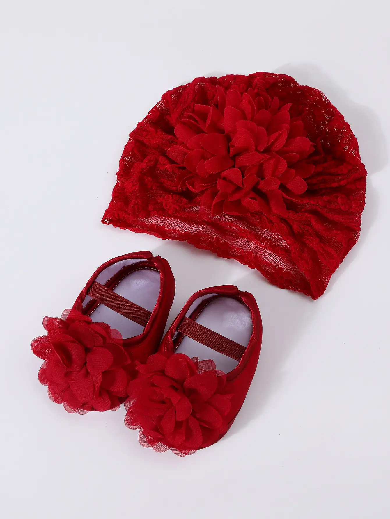 Red Lace Fontanelle Hat & Shoes for Baby 0-1 Year — feature 7