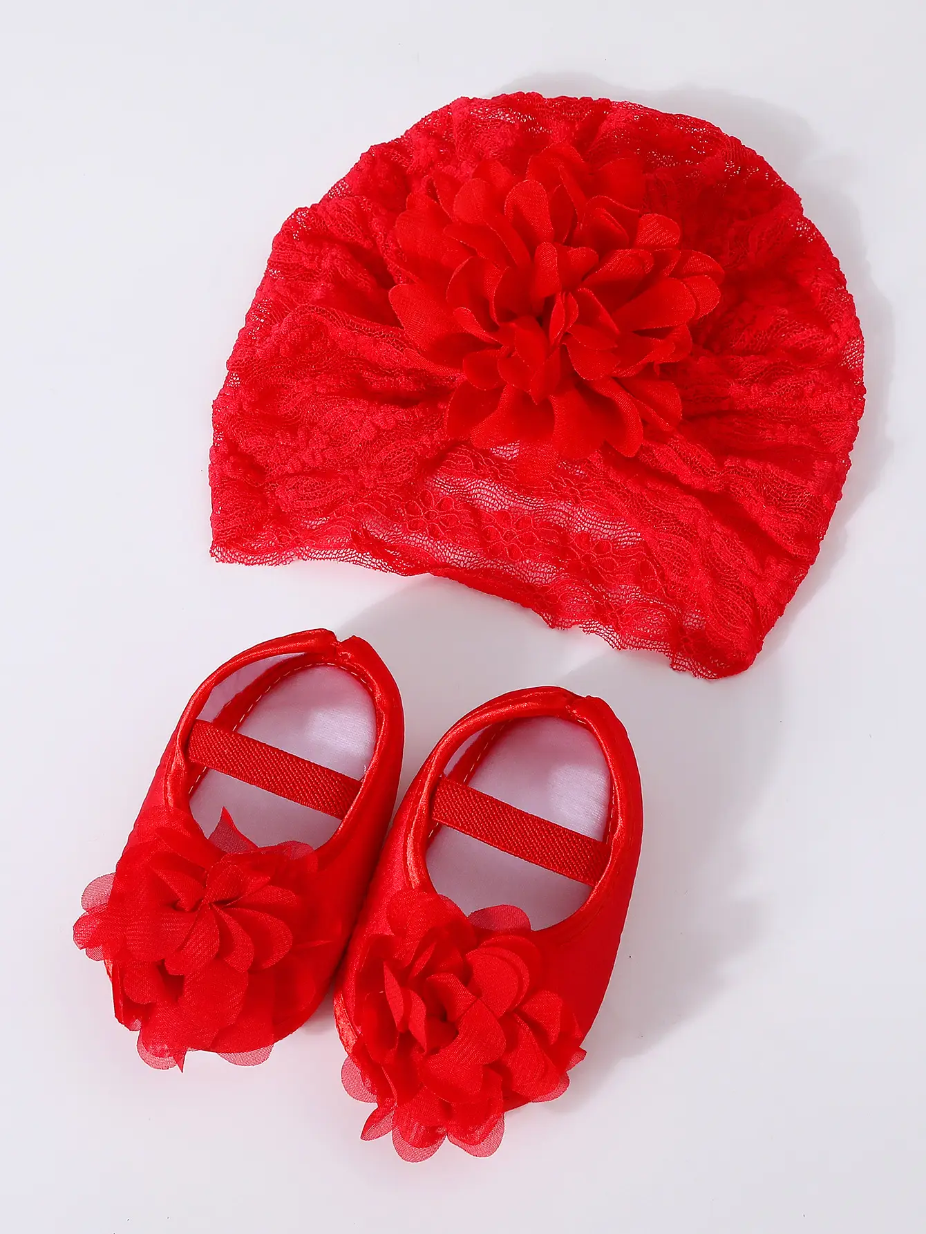 Red Lace Fontanelle Hat & Shoes for Baby 0-1 Year — feature 9