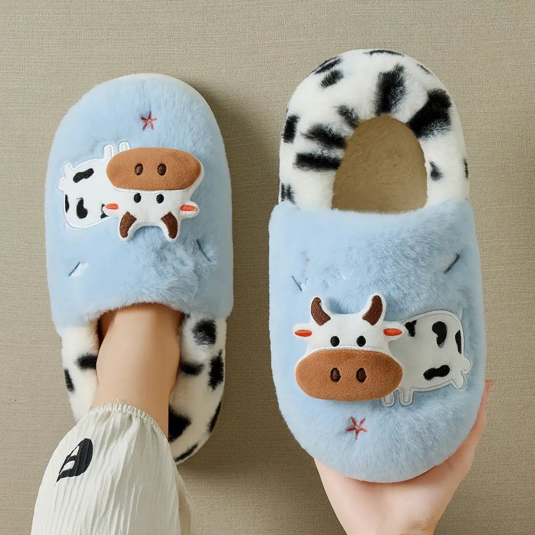 Cute Cow Cotton Shoes for Women Winter Home Soft Sole Non-Slip Plus Velvet Warm Outer Wear Bag Heel Cotton Slippers for Women Wholesale - Image 2