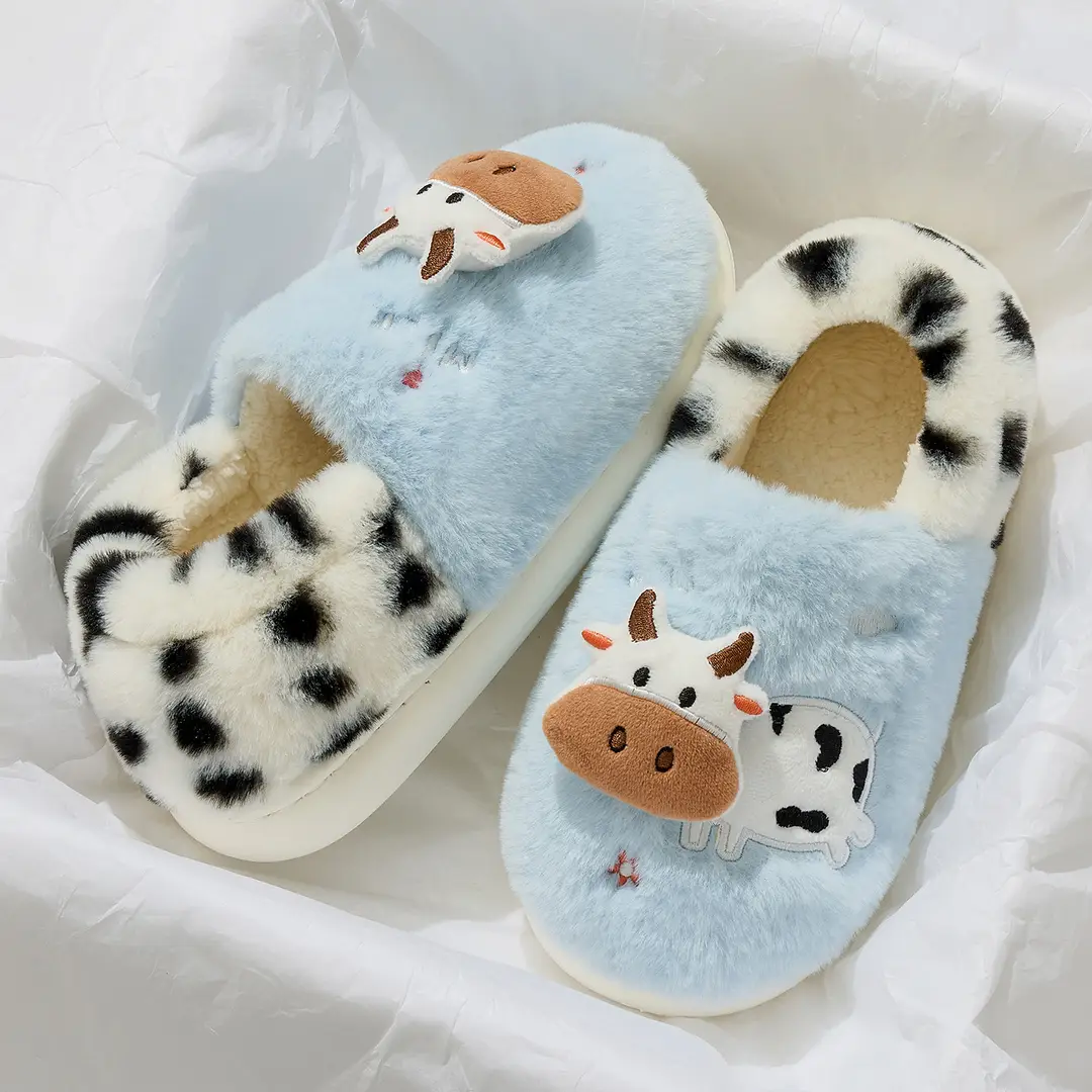 Cute Cow Cotton Shoes for Women Winter Home Soft Sole Non-Slip Plus Velvet Warm Outer Wear Bag Heel Cotton Slippers for Women Wholesale - Image 3