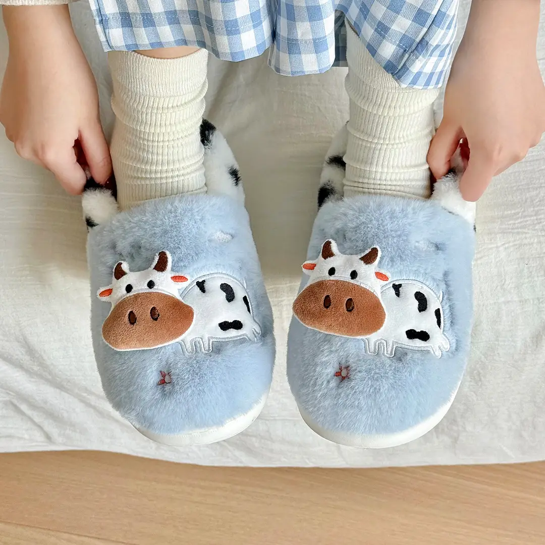 Cute Cow Cotton Shoes for Women Winter Home Soft Sole Non-Slip Plus Velvet Warm Outer Wear Bag Heel Cotton Slippers for Women Wholesale - Image 5