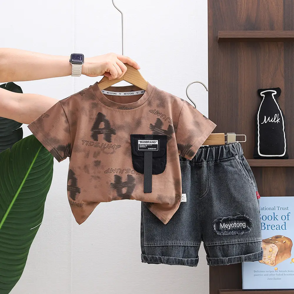 2026 Boys Tie-Dye Cotton Kids Suit Brown Shorts Set - Image 2