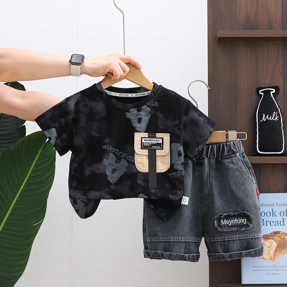 2026 Boys Tie-Dye Cotton Kids Suit Brown Shorts Set - Image 3