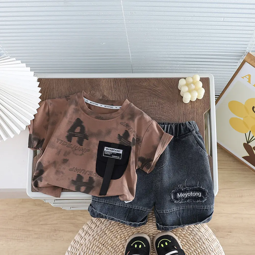2026 Boys Tie-Dye Cotton Kids Suit Brown Shorts Set — feature 9