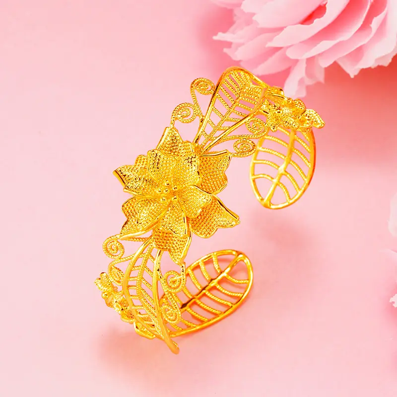 Brass Gold-Plated Rose Flower Bracelet Vietnamese Gold-Plated Imitation Gold Hollow Filigree Ethnic Style Hand Jewelry for Women Wholesale