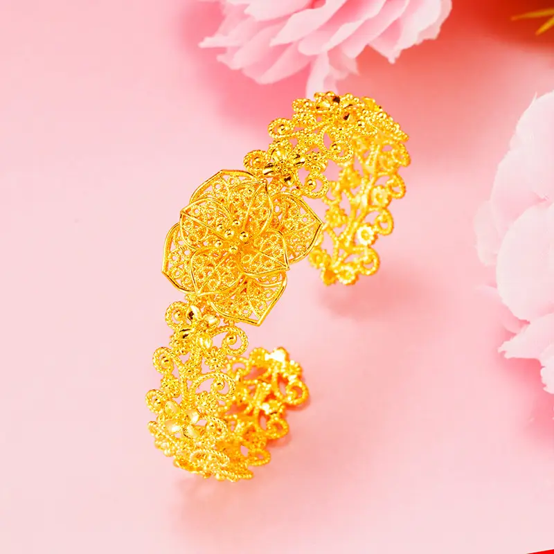 Brass Gold-Plated Rose Flower Bracelet Vietnamese Gold-Plated Imitation Gold Hollow Filigree Ethnic Style Hand Jewelry for Women Wholesale