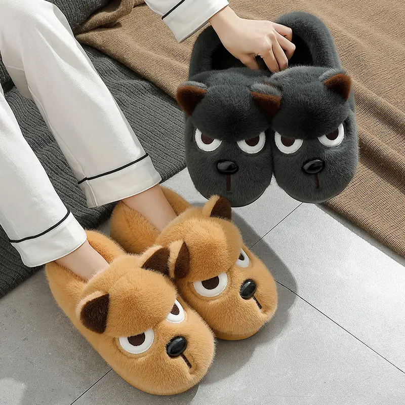 Cotton Slippers with Heel Cover for Men, Winter Cartoon Cute Angry Puppy Design, Men's Plush Warm Home Indoor Cotton Shoes, Women's Winter - Image 7