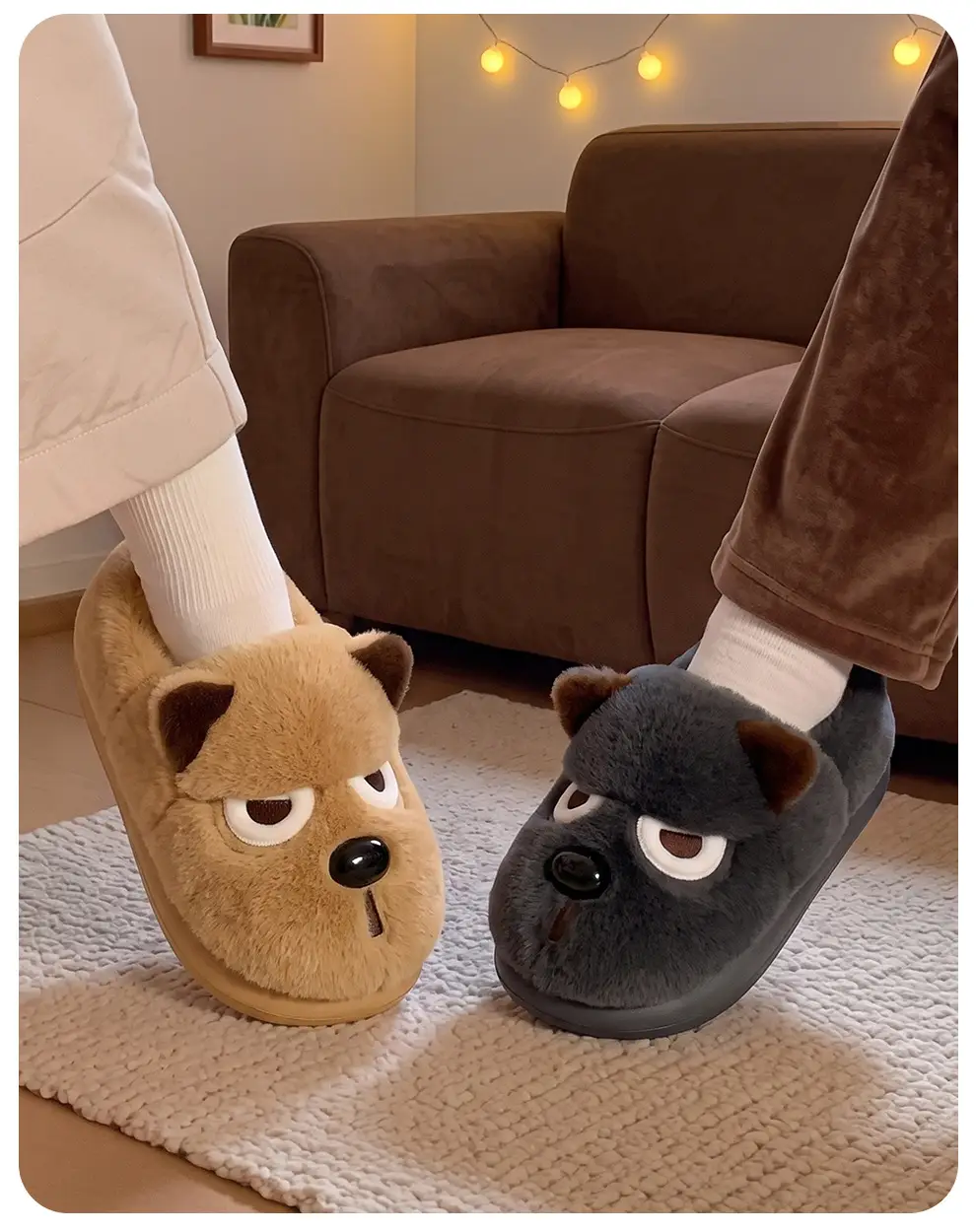 Cotton Slippers with Heel Cover for Men, Winter Cartoon Cute Angry Puppy Design, Men's Plush Warm Home Indoor Cotton Shoes, Women's Winter — feature 12