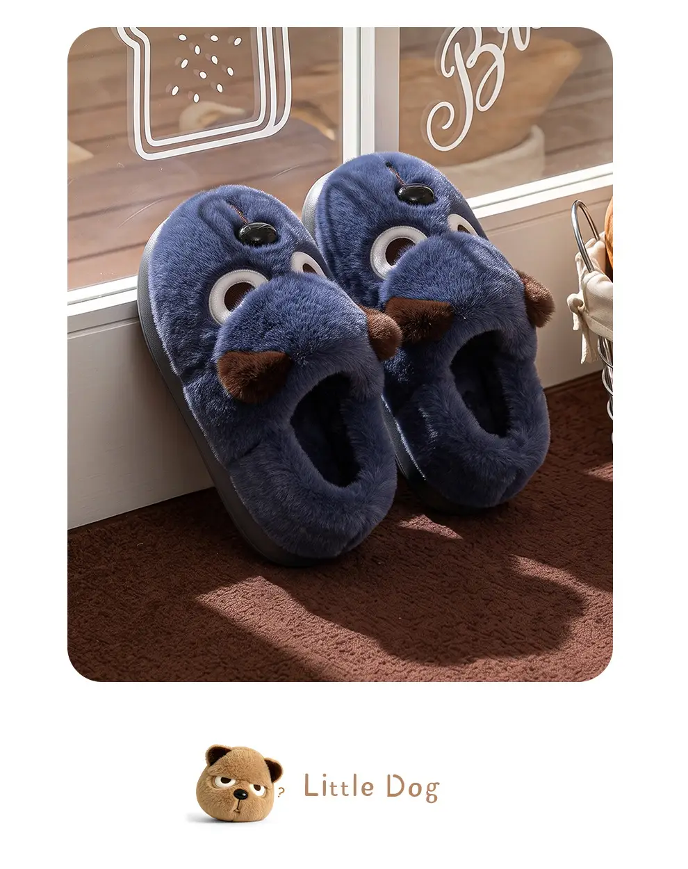 Cotton Slippers with Heel Cover for Men, Winter Cartoon Cute Angry Puppy Design, Men's Plush Warm Home Indoor Cotton Shoes, Women's Winter — feature 9