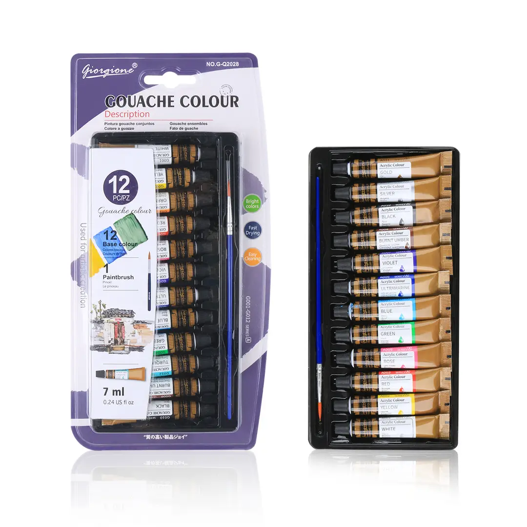 Giorgione 7ml Acrylic Watercolor Gouache Glass Textile Oil Paint Set 12 Colors in Aluminum Plastic Tubes