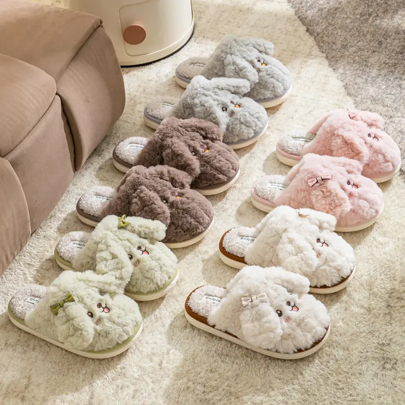 Cute Puppy Furry Cotton Slippers for Women in Autumn and Winter, Indoor and Home, Can Be Worn Outside, Warm and Non-Slip Couple Cotton Slippers