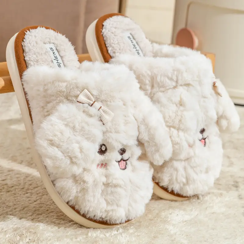 Cute Puppy Furry Cotton Slippers for Women in Autumn and Winter, Indoor and Home, Can Be Worn Outside, Warm and Non-Slip Couple Cotton Slippers