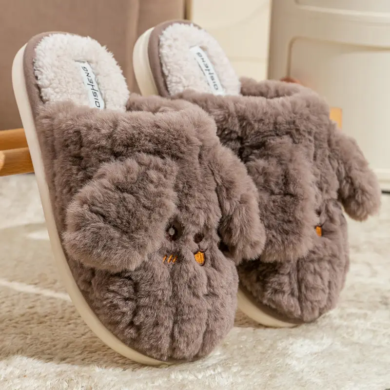 Cute Puppy Furry Cotton Slippers for Women in Autumn and Winter, Indoor and Home, Can Be Worn Outside, Warm and Non-Slip Couple Cotton Slippers