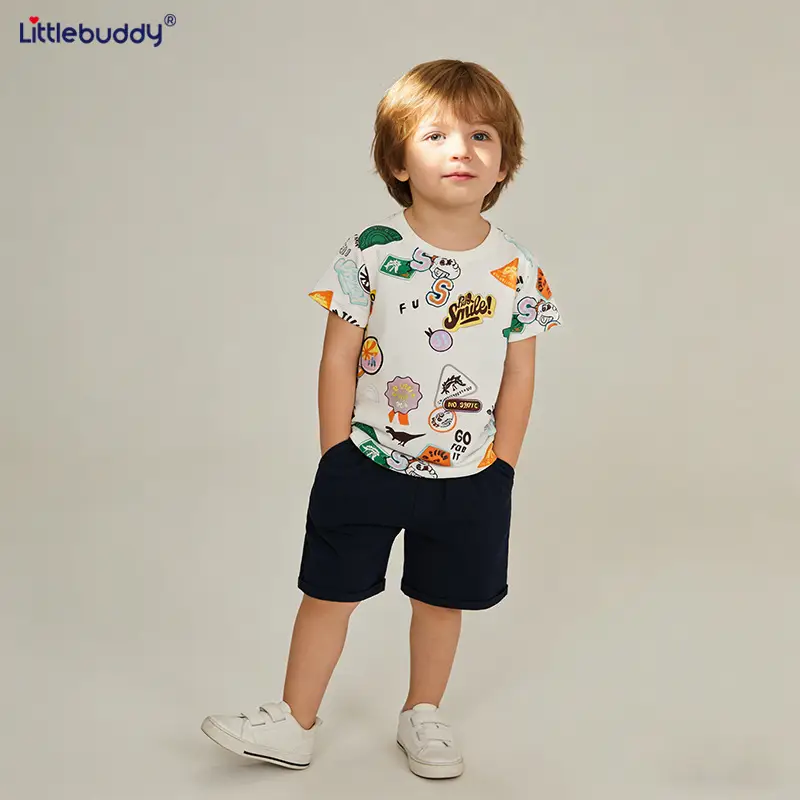 Cross-Border Printed Boys Summer Suit White Blue Shorts - Image 3