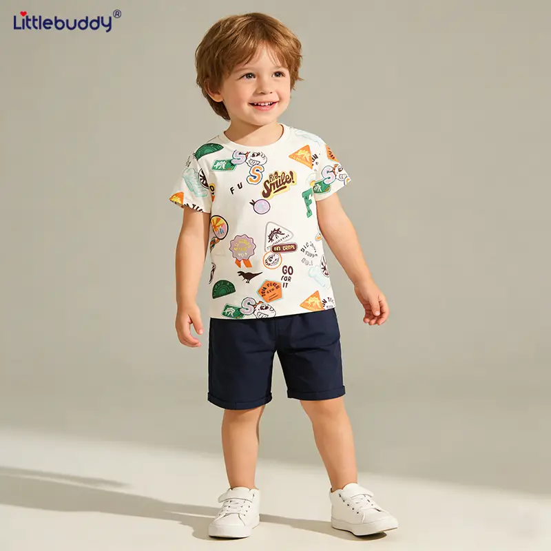 Cross-Border Printed Boys Summer Suit White Blue Shorts - Image 4