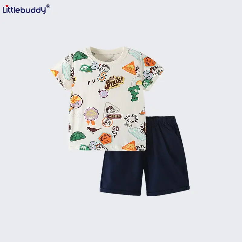 Cross-Border Printed Boys Summer Suit White Blue Shorts - Image 5