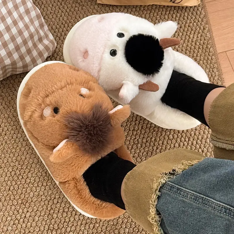 Cow and Horse Slippers for Autumn and Winter, Home-Use Cotton Slippers for Women, Cartoon Animal Design, Fleece-Lined, Warm, Thick-Soled Cotton Shoes for Men, Wholesale