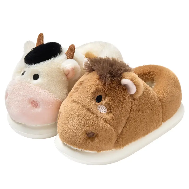 Cow and Horse Slippers for Autumn and Winter, Home-Use Cotton Slippers for Women, Cartoon Animal Design, Fleece-Lined, Warm, Thick-Soled Cotton Shoes for Men, Wholesale