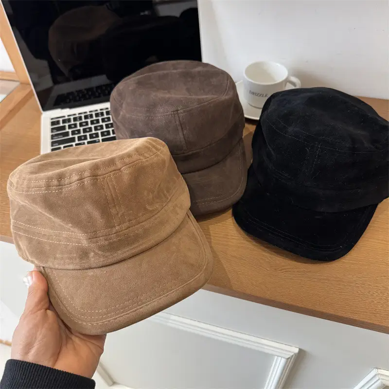 Women Sun Hat Brown Suede Flat Top Autumn Winter - Image 4