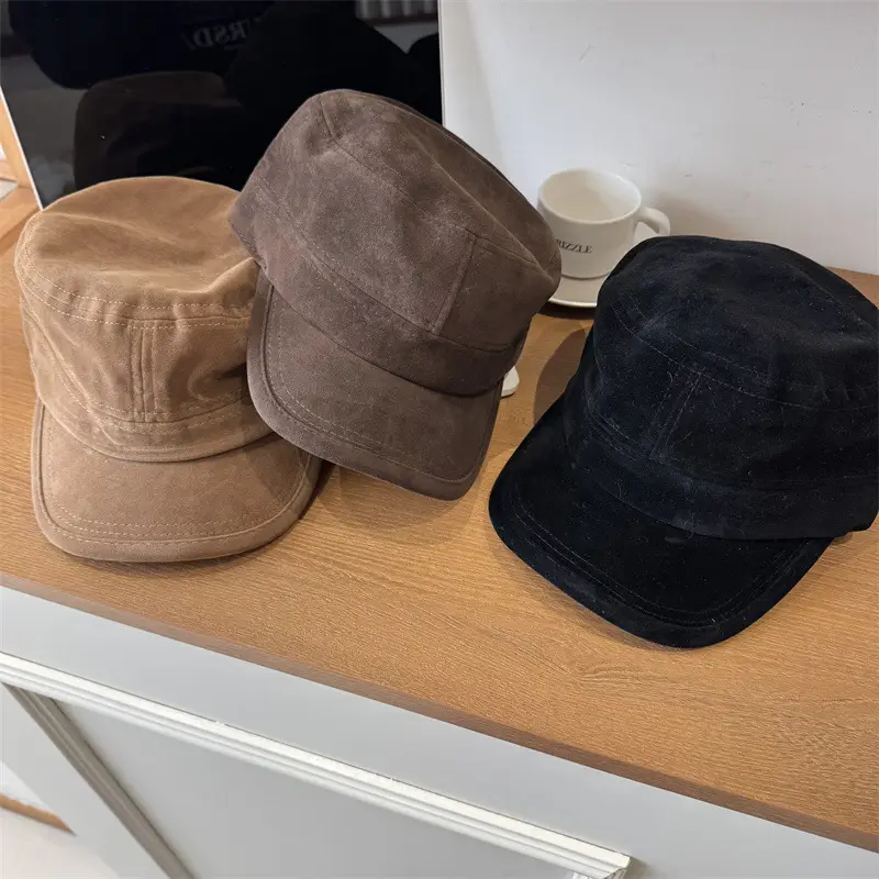 Women Sun Hat Brown Suede Flat Top Autumn Winter - Image 5