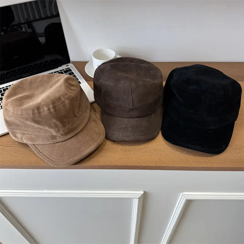 Women Sun Hat Brown Suede Flat Top Autumn Winter - Image 6