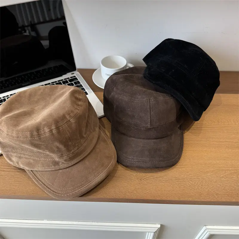 Women Sun Hat Brown Suede Flat Top Autumn Winter - Image 7